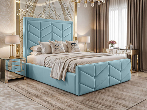Atlantis Geometric Chevron Panel Upholstered Bed Set with Floor Standing Headboard, Footboard & Storage Upgrade Option