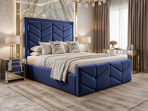 Atlantis Geometric Chevron Panel Upholstered Bed Set with Floor Standing Headboard, Footboard & Storage Upgrade Option