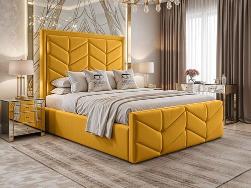 Atlantis Geometric Chevron Panel Upholstered Bed Set with Floor Standing Headboard, Footboard & Storage Upgrade Option