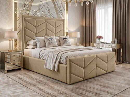 Atlantis Geometric Chevron Panel Upholstered Bed Set with Floor Standing Headboard, Footboard & Storage Upgrade Option