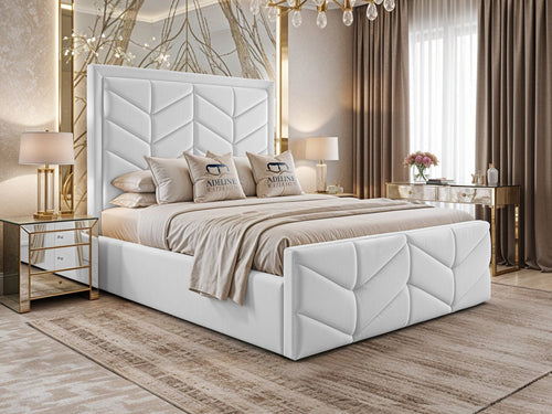 Atlantis Geometric Chevron Panel Upholstered Bed Set with Floor Standing Headboard, Footboard & Storage Upgrade Option