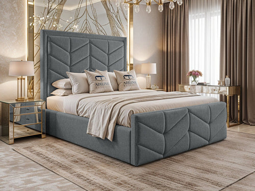 Atlantis Geometric Chevron Panel Upholstered Bed Set with Floor Standing Headboard, Footboard & Storage Upgrade Option