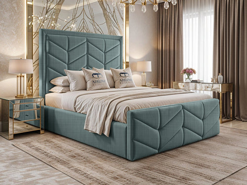Atlantis Geometric Chevron Panel Upholstered Bed Set with Floor Standing Headboard, Footboard & Storage Upgrade Option