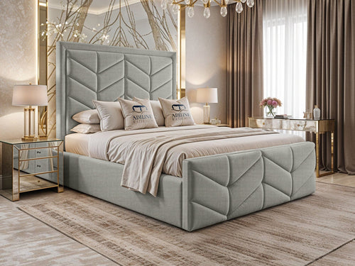 Atlantis Geometric Chevron Panel Upholstered Bed Set with Floor Standing Headboard, Footboard & Storage Upgrade Option