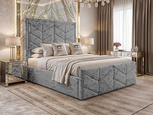 Atlantis Geometric Chevron Panel Upholstered Bed Set with Floor Standing Headboard, Footboard & Storage Upgrade Option