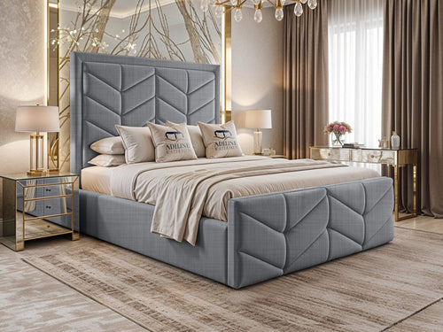 Atlantis Geometric Chevron Panel Upholstered Bed Set with Floor Standing Headboard, Footboard & Storage Upgrade Option