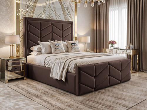 Atlantis Geometric Chevron Panel Upholstered Bed Set with Floor Standing Headboard, Footboard & Storage Upgrade Option