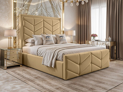 Atlantis Geometric Chevron Panel Upholstered Bed Set with Floor Standing Headboard, Footboard & Storage Upgrade Option