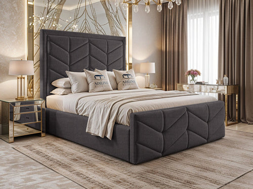 Atlantis Geometric Chevron Panel Upholstered Bed Set with Floor Standing Headboard, Footboard & Storage Upgrade Option