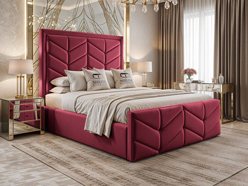 Atlantis Geometric Chevron Panel Upholstered Bed Set with Floor Standing Headboard, Footboard & Storage Upgrade Option