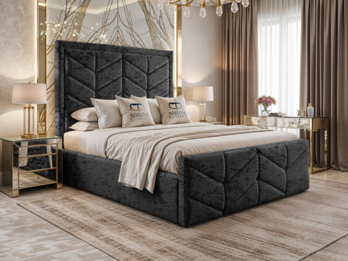 Atlantis Geometric Chevron Panel Upholstered Bed Set with Floor Standing Headboard, Footboard & Storage Upgrade Option