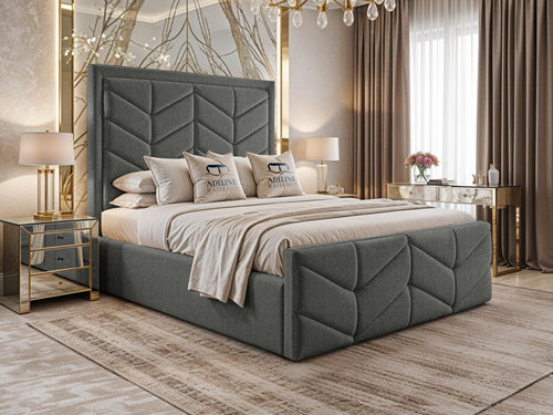 Atlantis Geometric Chevron Panel Upholstered Bed Set with Floor Standing Headboard, Footboard & Storage Upgrade Option