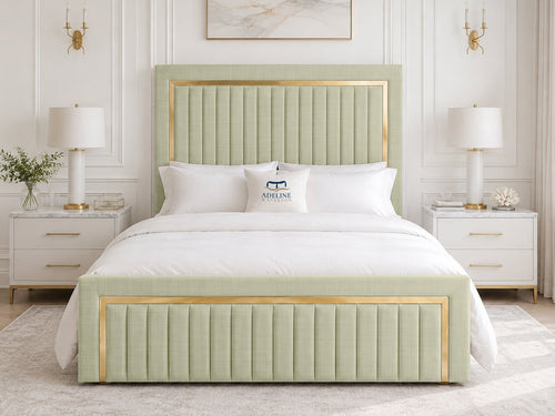 Aurelius Gold Frame Upholstered Bed Set with Floor Standing Headboard, Footboard & Storage Upgrade Option