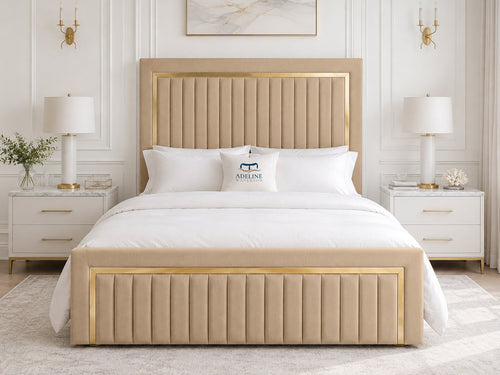 Aurelius Gold Frame Upholstered Bed Set with Floor Standing Headboard, Footboard & Storage Upgrade Option
