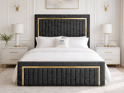 Aurelius Gold Frame Upholstered Bed Set with Floor Standing Headboard, Footboard & Storage Upgrade Option