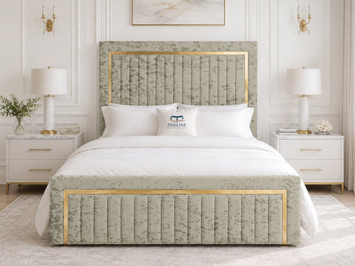Aurelius Gold Frame Upholstered Bed Set with Floor Standing Headboard, Footboard & Storage Upgrade Option