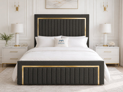 Aurelius Gold Frame Upholstered Bed Set with Floor Standing Headboard, Footboard & Storage Upgrade Option