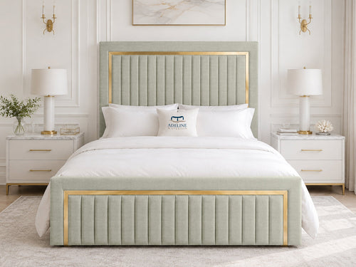 Aurelius Gold Frame Upholstered Bed Set with Floor Standing Headboard, Footboard & Storage Upgrade Option