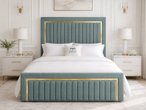 Aurelius Gold Frame Upholstered Bed Set with Floor Standing Headboard, Footboard & Storage Upgrade Option