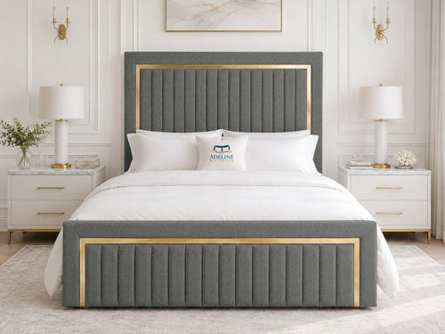 Aurelius Gold Frame Upholstered Bed Set with Floor Standing Headboard, Footboard & Storage Upgrade Option