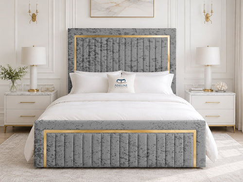Aurelius Gold Frame Upholstered Bed Set with Floor Standing Headboard, Footboard & Storage Upgrade Option