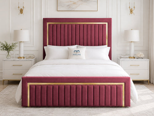 Aurelius Gold Frame Upholstered Bed Set with Floor Standing Headboard, Footboard & Storage Upgrade Option