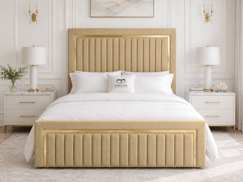 Aurelius Gold Frame Upholstered Bed Set with Floor Standing Headboard, Footboard & Storage Upgrade Option