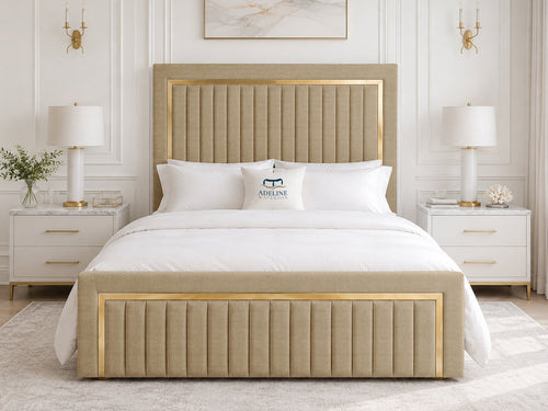 Aurelius Gold Frame Upholstered Bed Set with Floor Standing Headboard, Footboard & Storage Upgrade Option