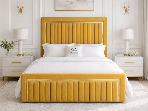 Aurelius Gold Frame Upholstered Bed Set with Floor Standing Headboard, Footboard & Storage Upgrade Option