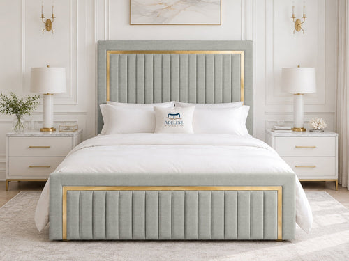 Aurelius Gold Frame Upholstered Bed Set with Floor Standing Headboard, Footboard & Storage Upgrade Option