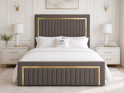 Aurelius Gold Frame Upholstered Bed Set with Floor Standing Headboard, Footboard & Storage Upgrade Option