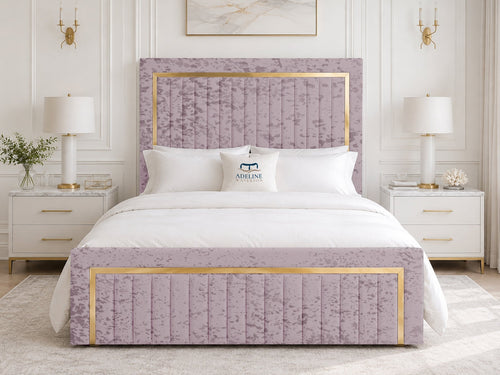 Aurelius Gold Frame Upholstered Bed Set with Floor Standing Headboard, Footboard & Storage Upgrade Option