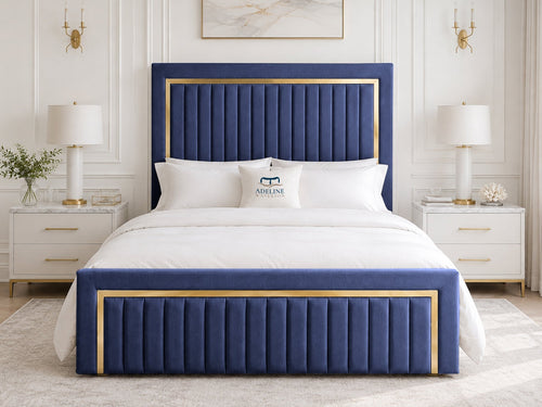 Aurelius Gold Frame Upholstered Bed Set with Floor Standing Headboard, Footboard & Storage Upgrade Option