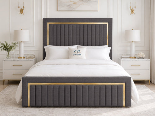 Aurelius Gold Frame Upholstered Bed Set with Floor Standing Headboard, Footboard & Storage Upgrade Option