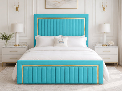 Aurelius Gold Frame Upholstered Bed Set with Floor Standing Headboard, Footboard & Storage Upgrade Option