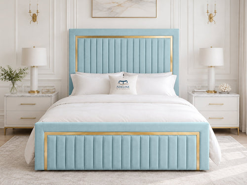 Aurelius Gold Frame Upholstered Bed Set with Floor Standing Headboard, Footboard & Storage Upgrade Option