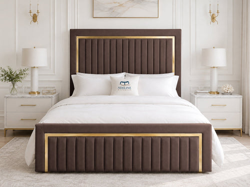 Aurelius Gold Frame Upholstered Bed Set with Floor Standing Headboard, Footboard & Storage Upgrade Option