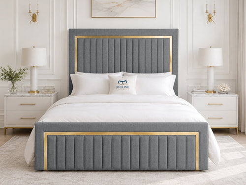Aurelius Gold Frame Upholstered Bed Set with Floor Standing Headboard, Footboard & Storage Upgrade Option