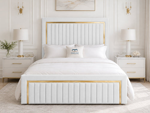 Aurelius Gold Frame Upholstered Bed Set with Floor Standing Headboard, Footboard & Storage Upgrade Option
