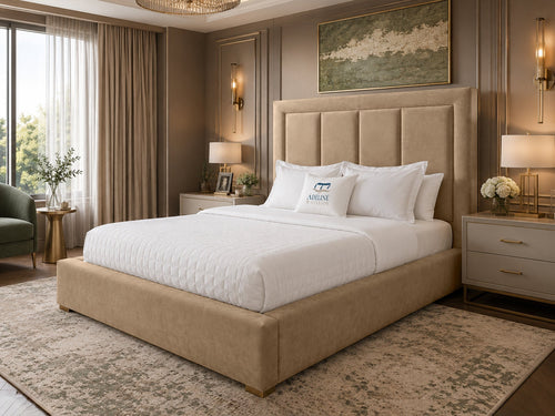 Barlow Block Panel Upholstered Bed Set with Floor Standing Headboard, Footboard & Storage Upgrade Option