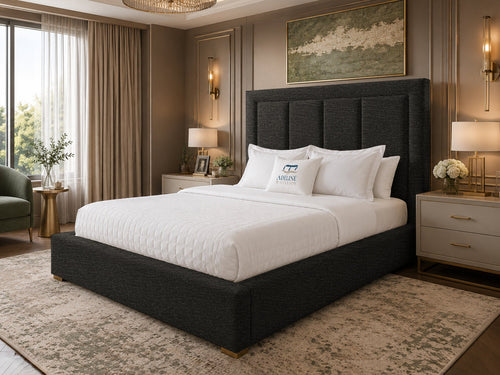 Barlow Block Panel Upholstered Bed Set with Floor Standing Headboard, Footboard & Storage Upgrade Option