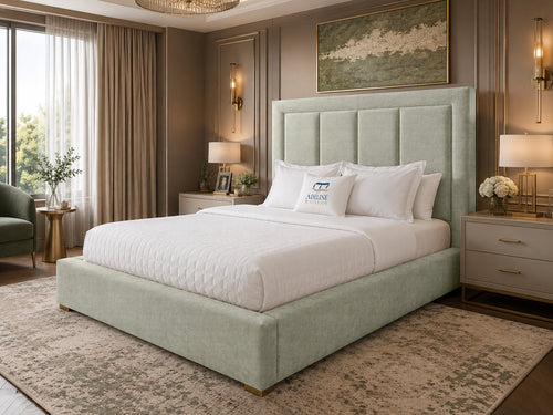 Barlow Block Panel Upholstered Bed Set with Floor Standing Headboard, Footboard & Storage Upgrade Option