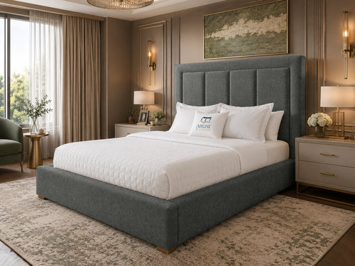 Barlow Block Panel Upholstered Bed Set with Floor Standing Headboard, Footboard & Storage Upgrade Option