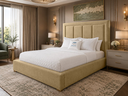 Barlow Block Panel Upholstered Bed Set with Floor Standing Headboard, Footboard & Storage Upgrade Option