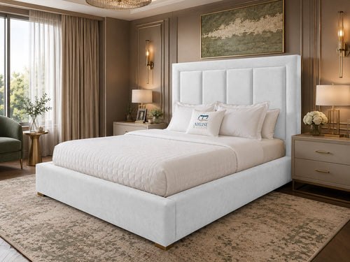 Barlow Block Panel Upholstered Bed Set with Floor Standing Headboard, Footboard & Storage Upgrade Option