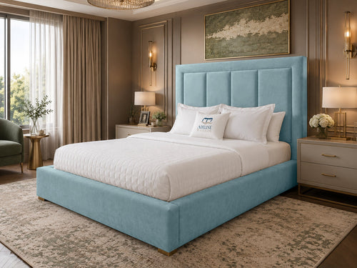 Barlow Block Panel Upholstered Bed Set with Floor Standing Headboard, Footboard & Storage Upgrade Option