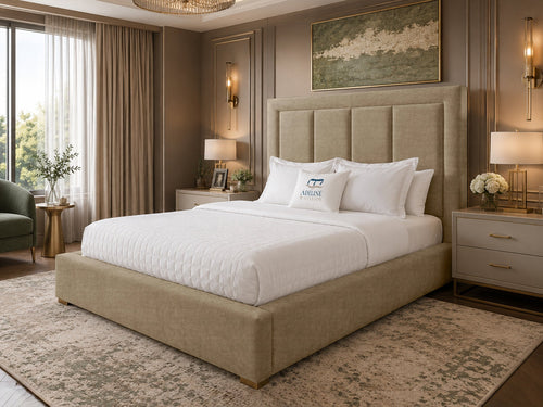 Barlow Block Panel Upholstered Bed Set with Floor Standing Headboard, Footboard & Storage Upgrade Option