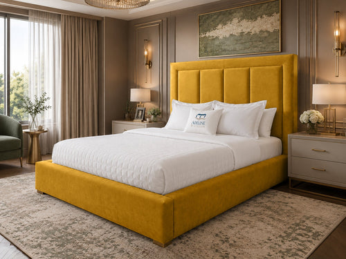 Barlow Block Panel Upholstered Bed Set with Floor Standing Headboard, Footboard & Storage Upgrade Option