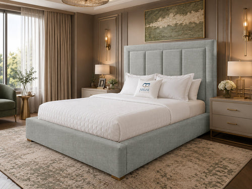 Barlow Block Panel Upholstered Bed Set with Floor Standing Headboard, Footboard & Storage Upgrade Option