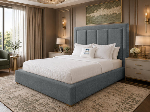 Barlow Block Panel Upholstered Bed Set with Floor Standing Headboard, Footboard & Storage Upgrade Option